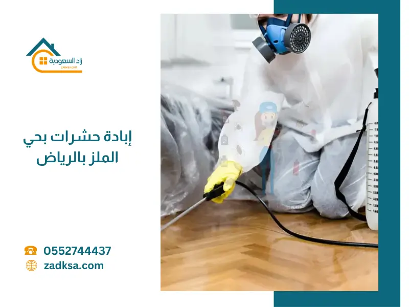 فني إبادة حشرات يرتدي معدات وقاية يقوم برش المبيدات داخل منزل بحي الملز بالرياض للقضاء على الحشرات الزاحفة والطائرة بشكل فعال وآمن.